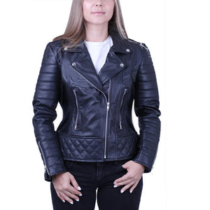 Women Ebony Quilted Black Biker Leather Jacket