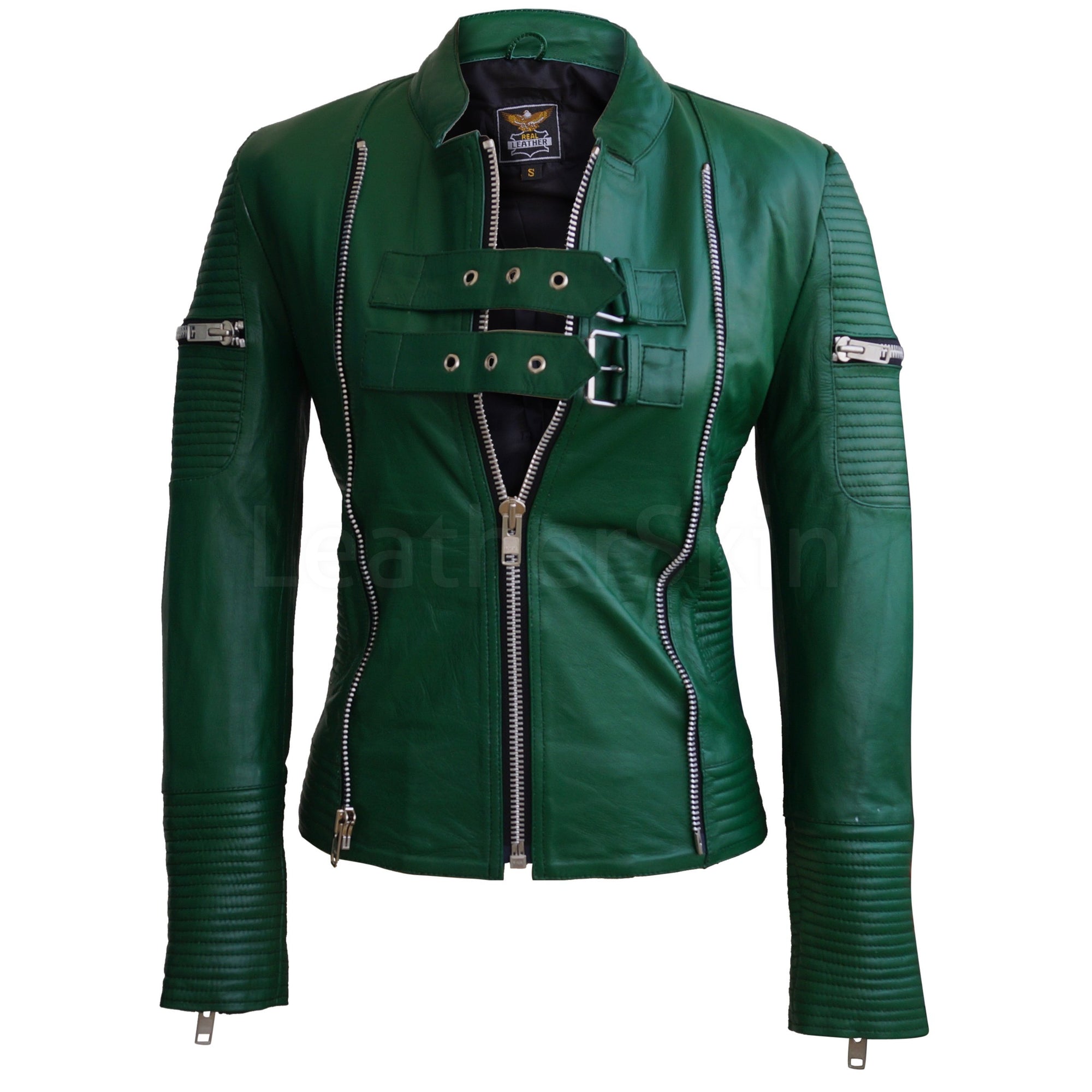 Women Green Sheep Skin Rib Quilted Genuine Leather Jacket