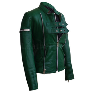 Women Green Sheep Skin Rib Quilted Genuine Leather Jacket