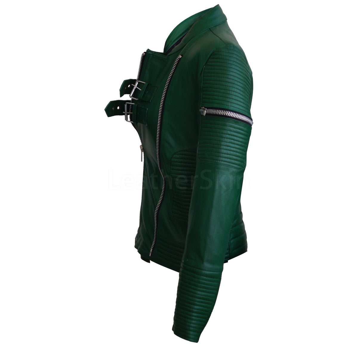 Green Sheep Skin Rib Quilted Genuine Leather Jacket