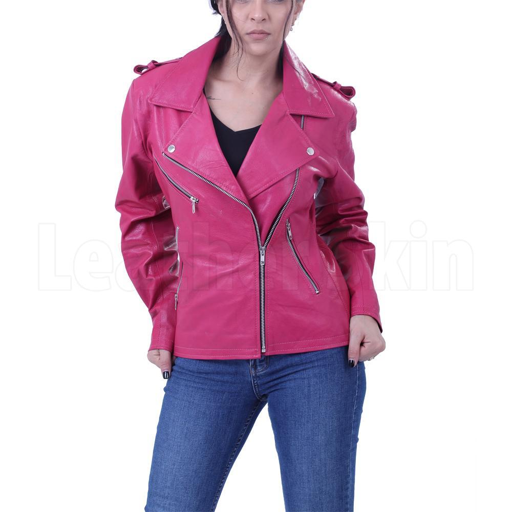 Female Fashion Pink Leather Motorcycle Jacket