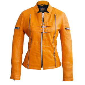 Women Mustard Yellow Sheep Skin Rib Quilted Genuine Leather Jacket
