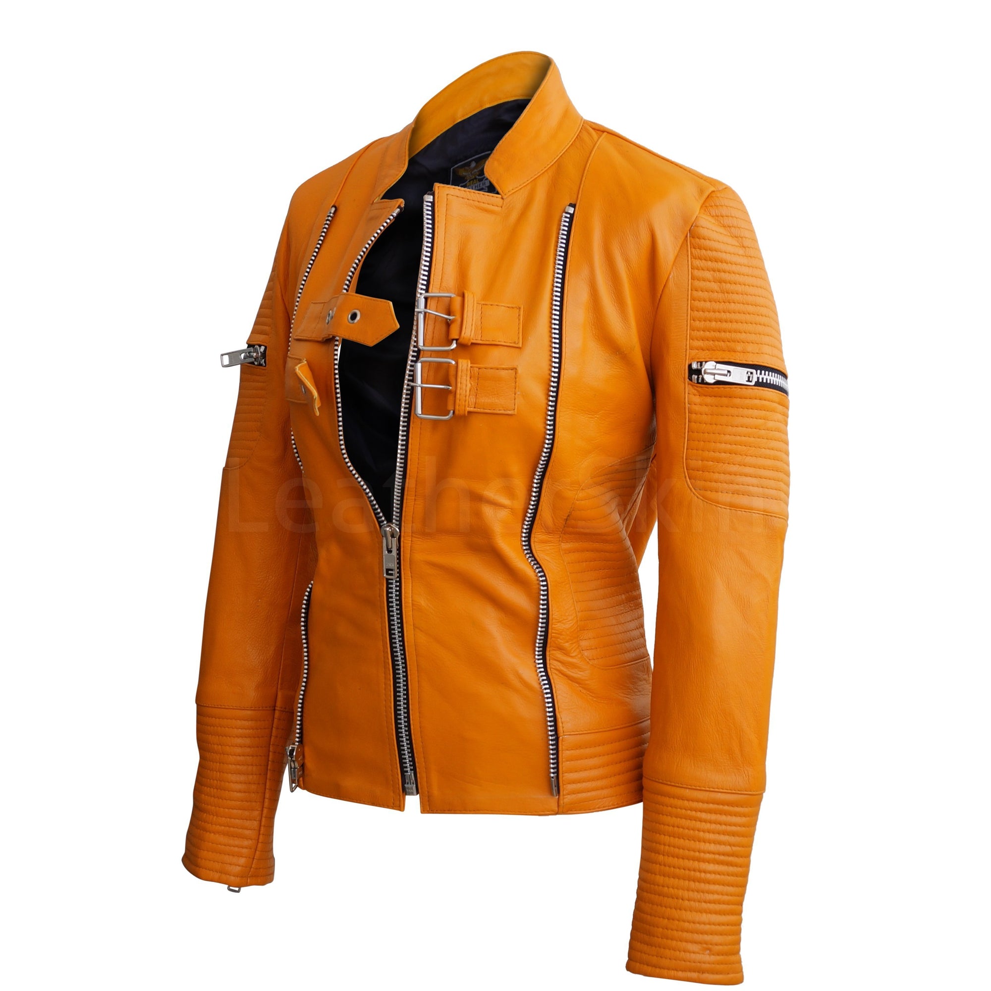 Womens Yellow Leather Jacket, Silver Metal Hardware
