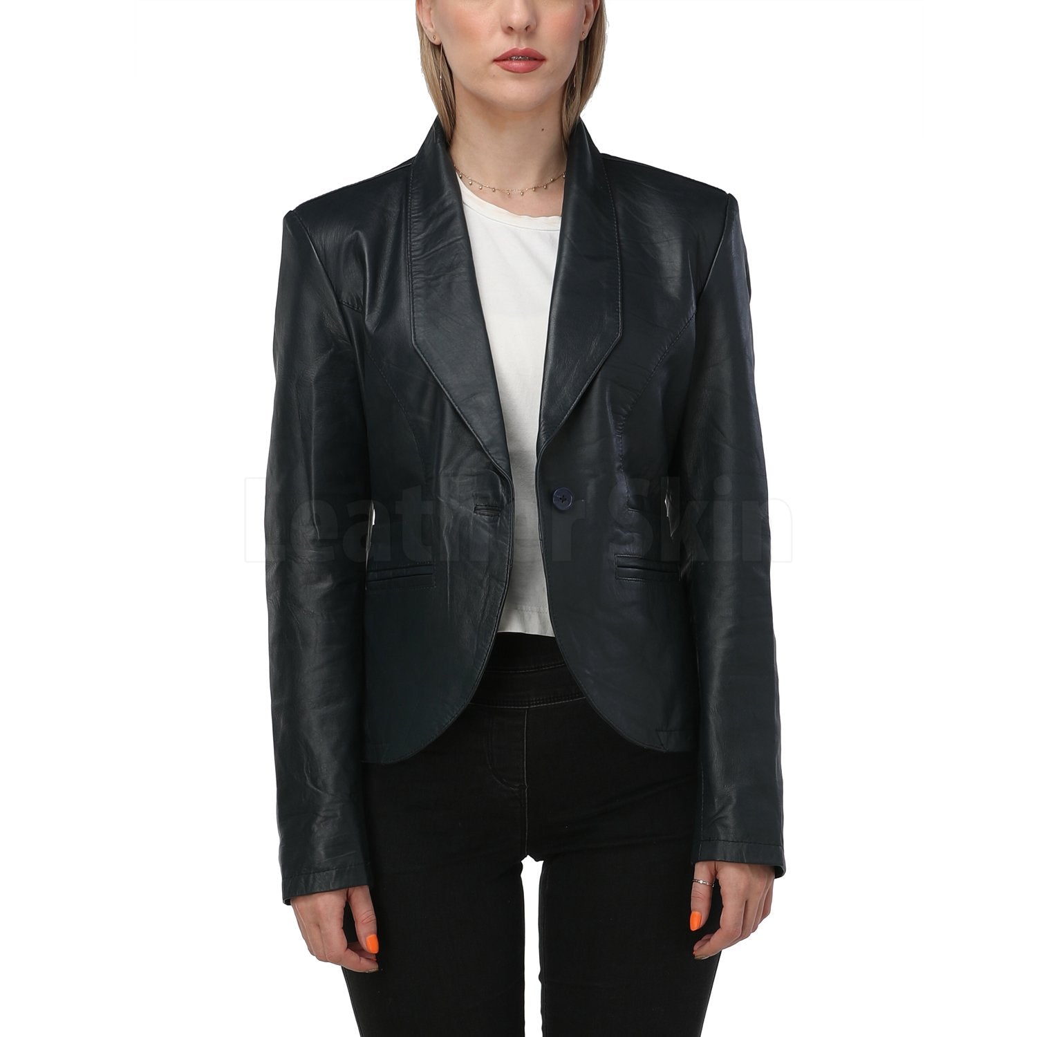 Mary Navy Blue Leather Blazer