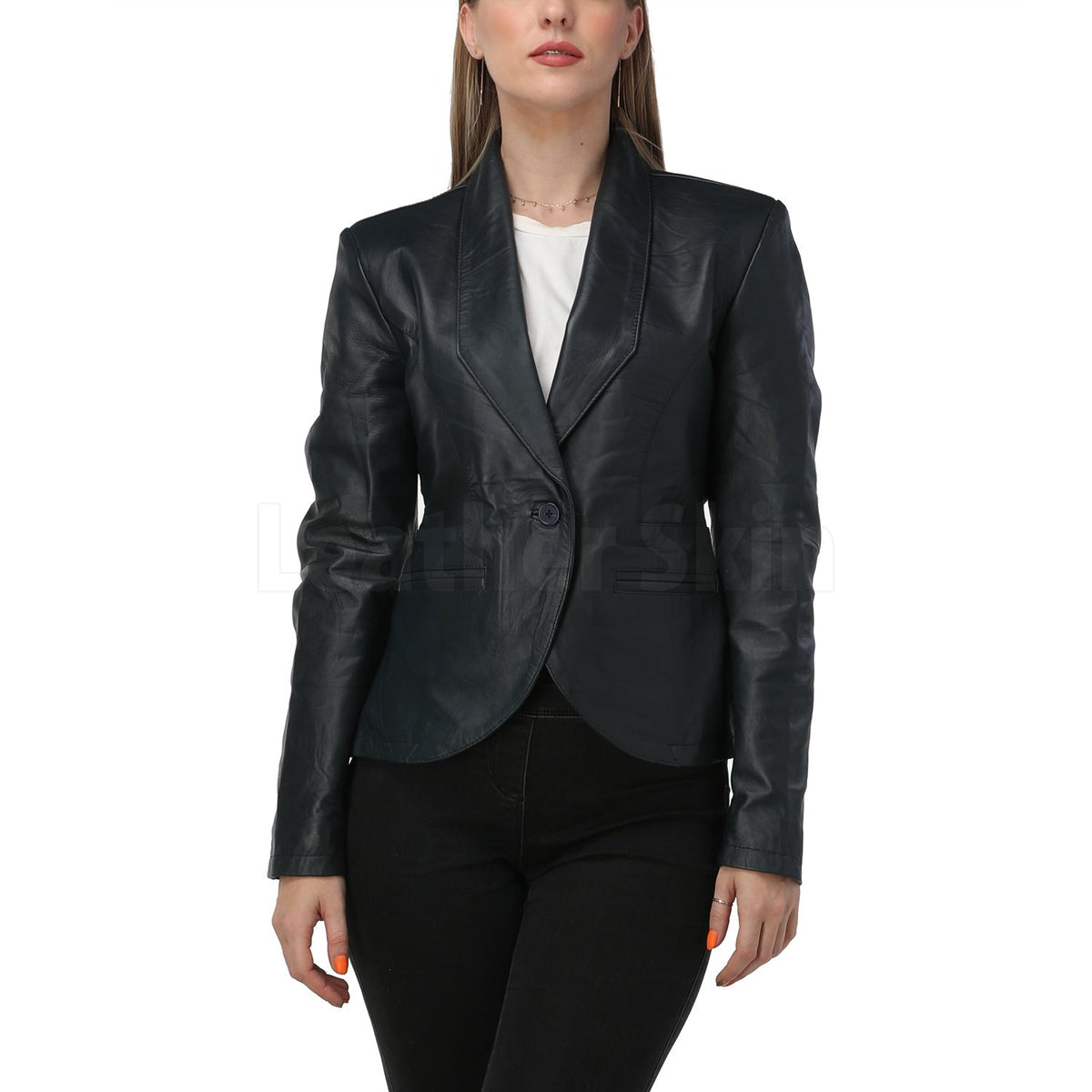 Mary Navy Blue Leather Blazer
