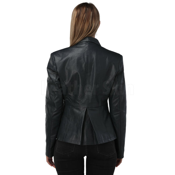 Women Navy Blue Leather Blazer