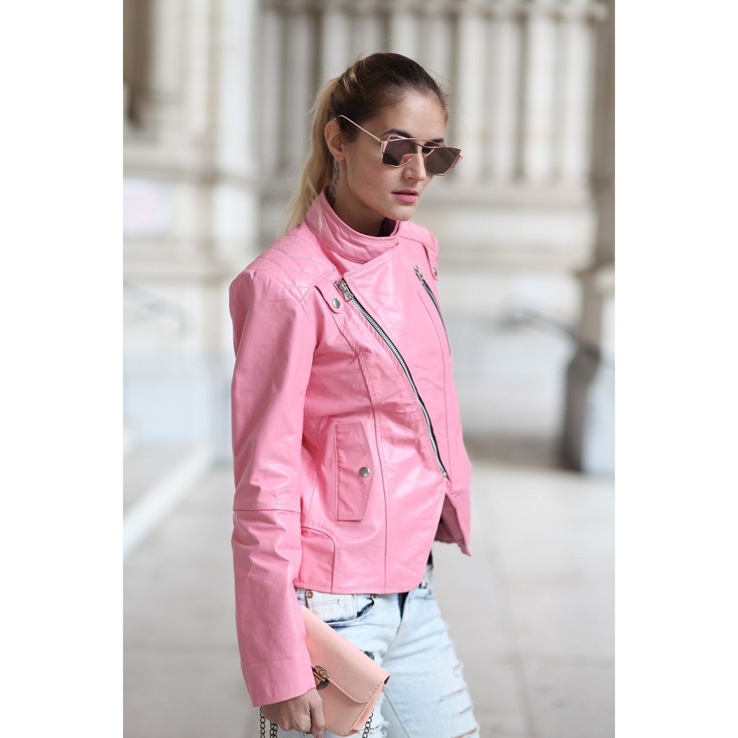 Womens Pink Biker Style Leather Jacket - Shoplectic
