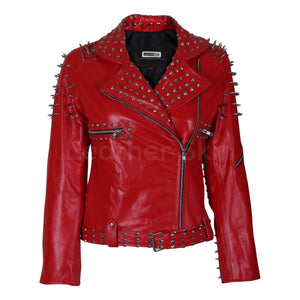women red jacket with spikes on shoulders