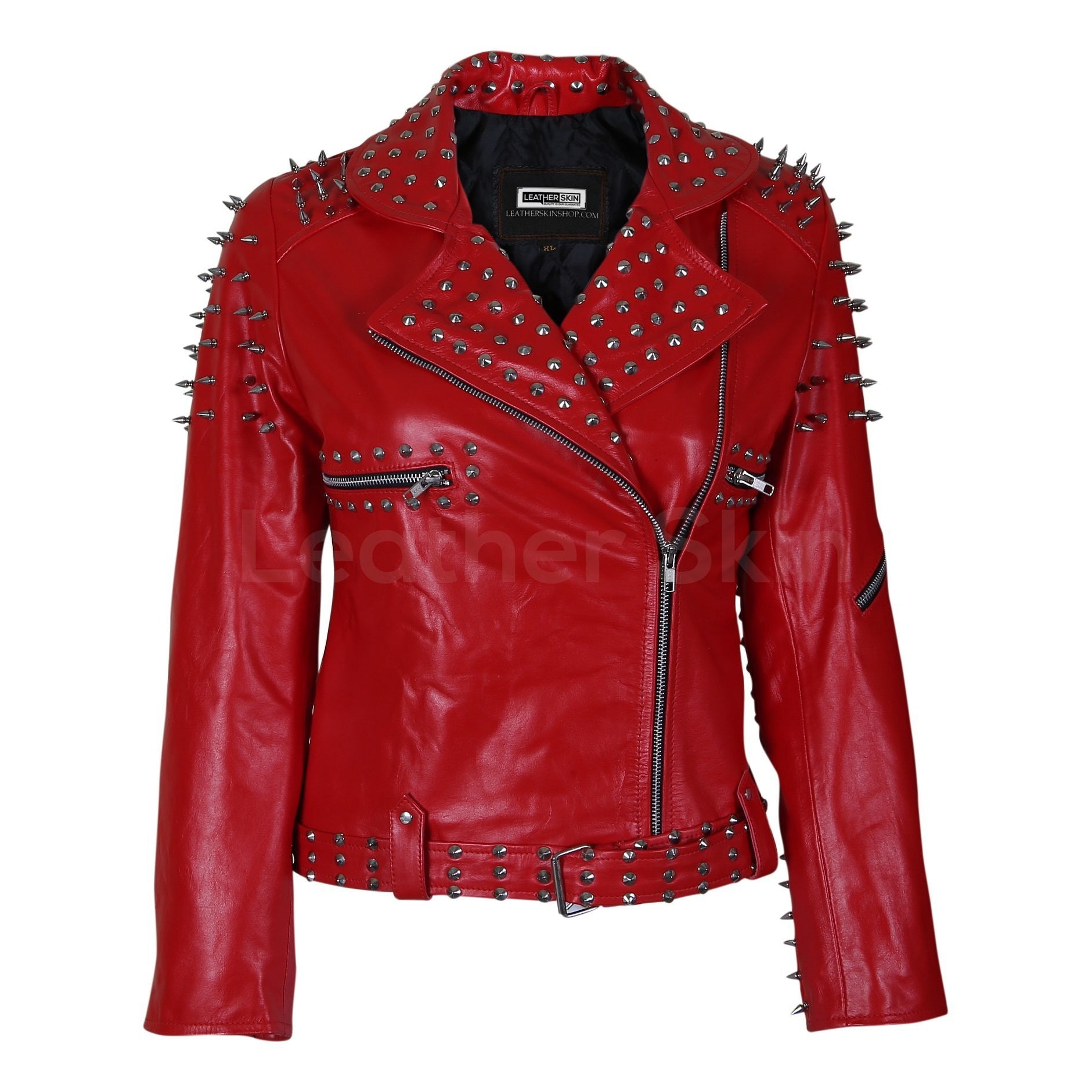 Red Leather Jacket with Cone and Tree Spike Studs