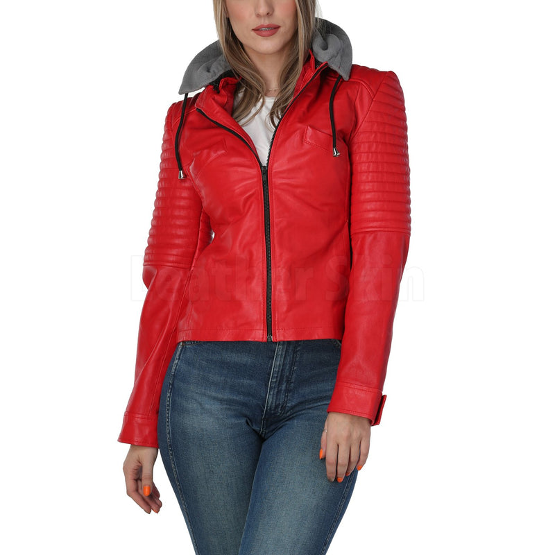 Home / Products / Women Red Leather Jacket with Gray Hood