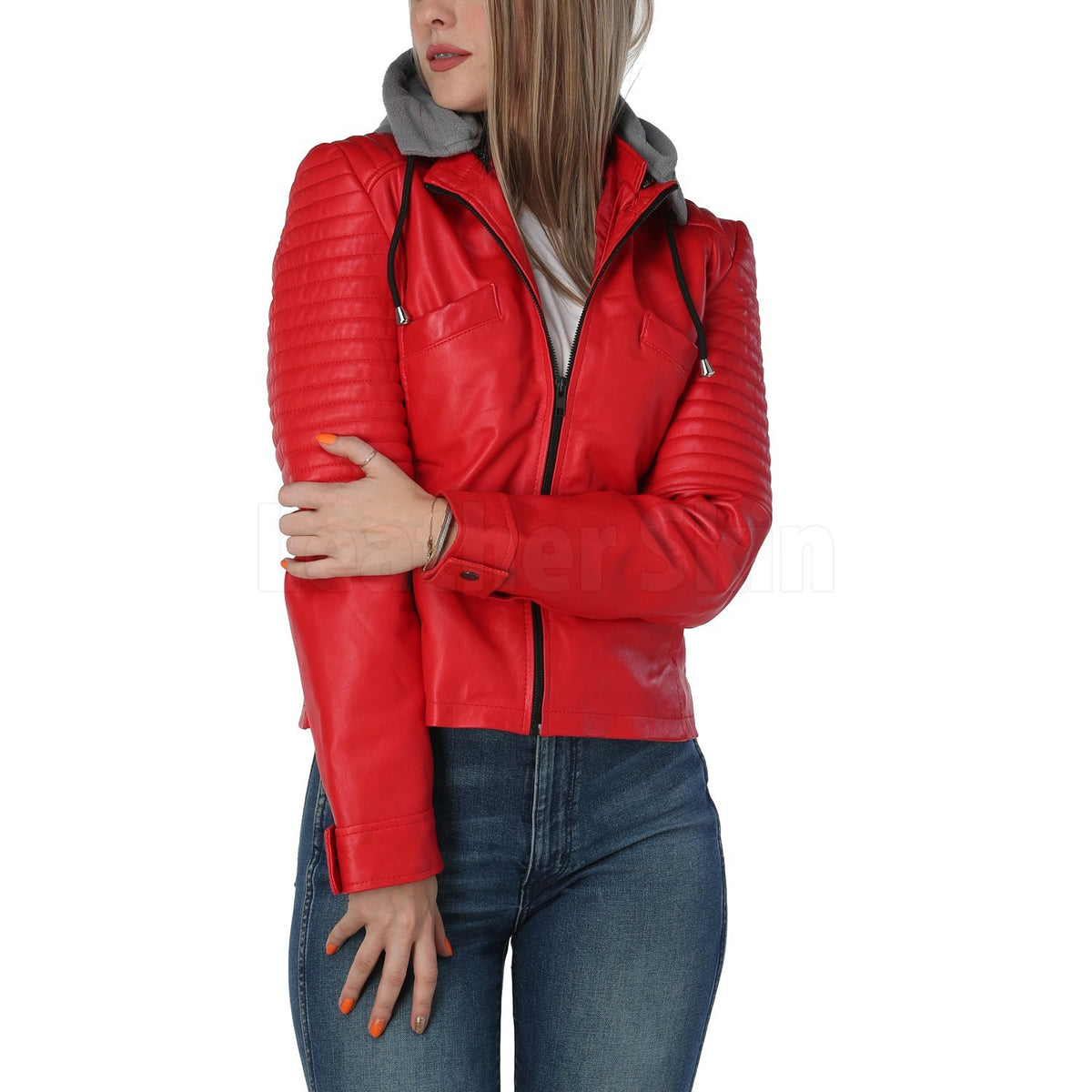 Jennifer Red Leather Jacket with Gray Hood