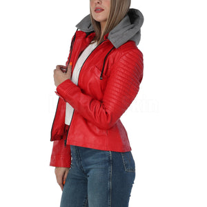 Women Red Leather Jacket with Gray Hood