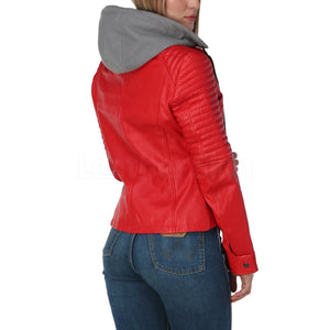 Women Red Leather Jacket with Gray Hood