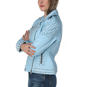 Women Sky Blue Studded Leather Jacket