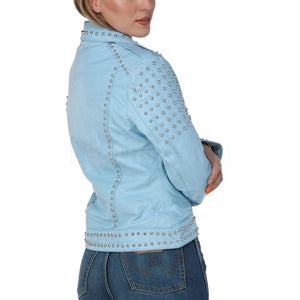 Women Sky Blue Studded Leather Jacket