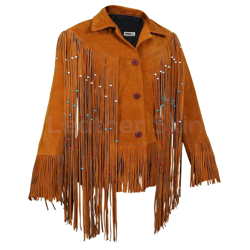 Women Tan Western fringes suede leather jacket with decorative beads