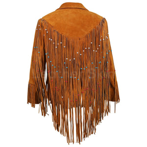 Women Tan Western fringes suede leather jacket with decorative beads