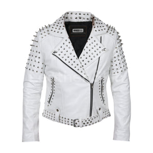 womens white spikes leather jacket