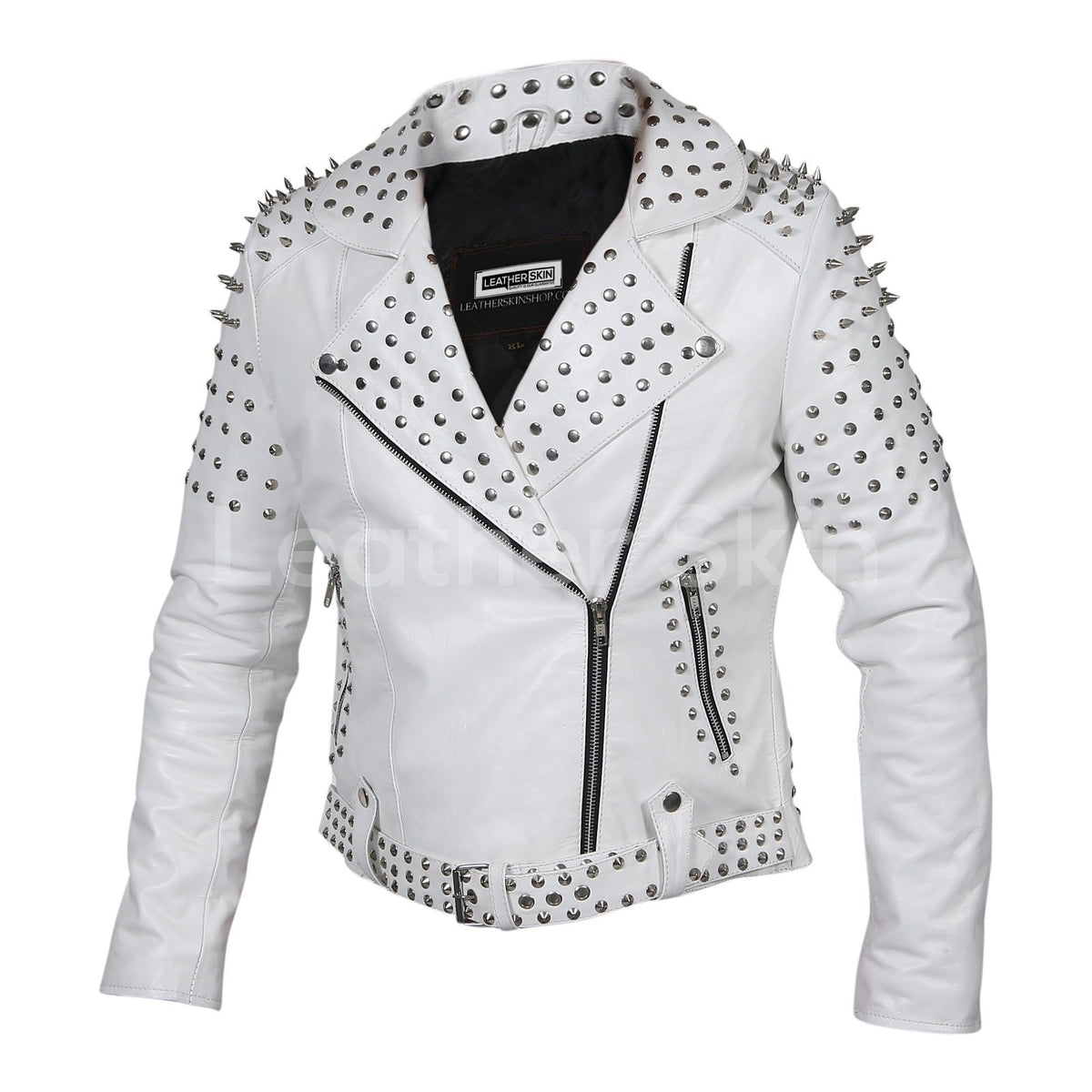 Women Studded Spike White Biker Leather Jacket