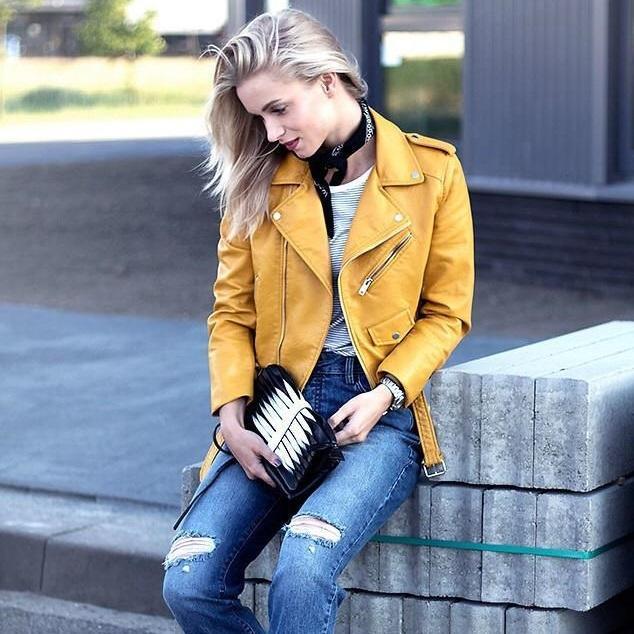 Women Yellow Brando Belted Leather Jacket with Shoulder Epaulettes