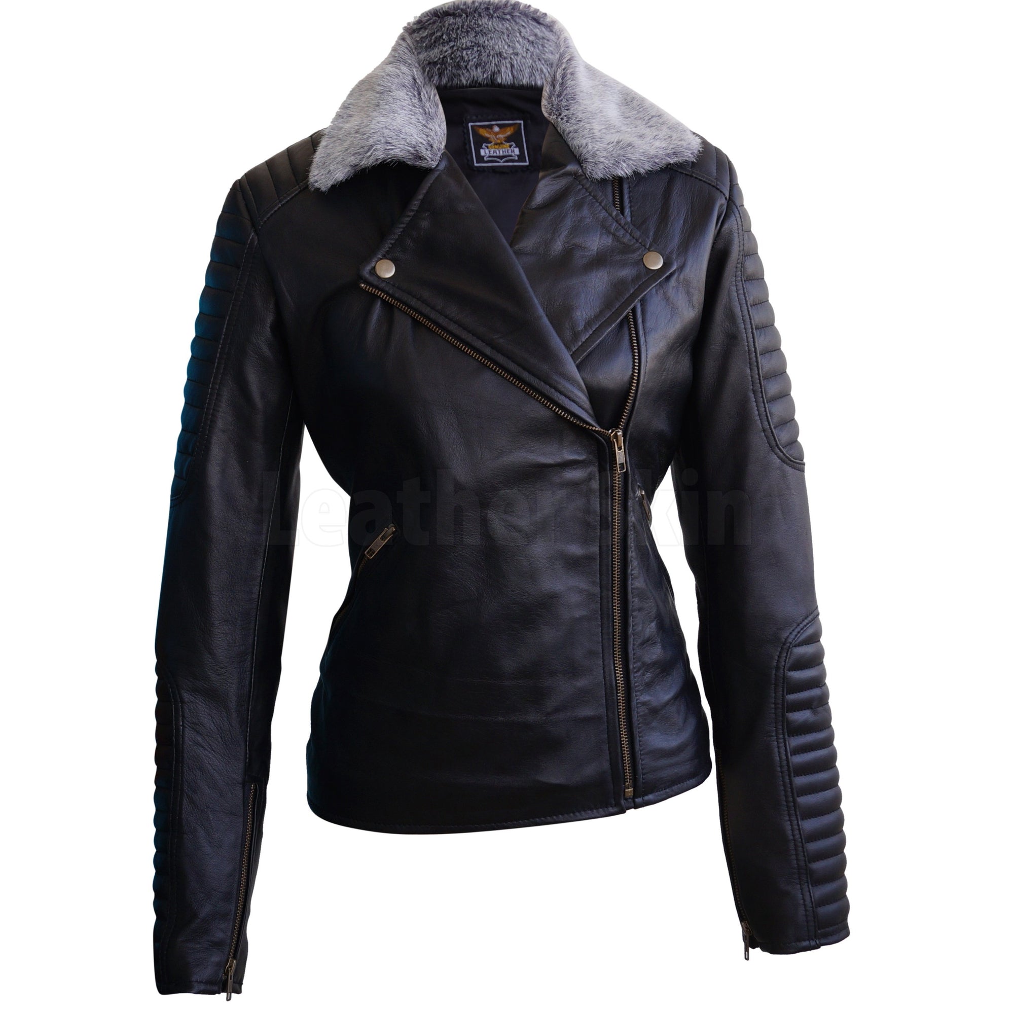 Women Black Hell Grey Fur Brando Padded Rib Quilted Genuine Leather Jacket
