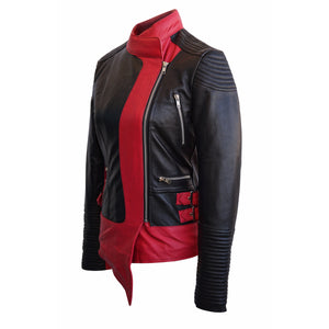Leather Skin Women Black Pink Stripes Brando Genuine Leather Jacket