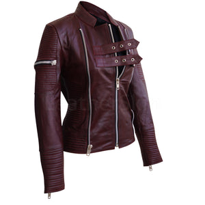 Women Distressed Maroon Red Sheep Skin Rib Quilted Genuine Leather Jacket