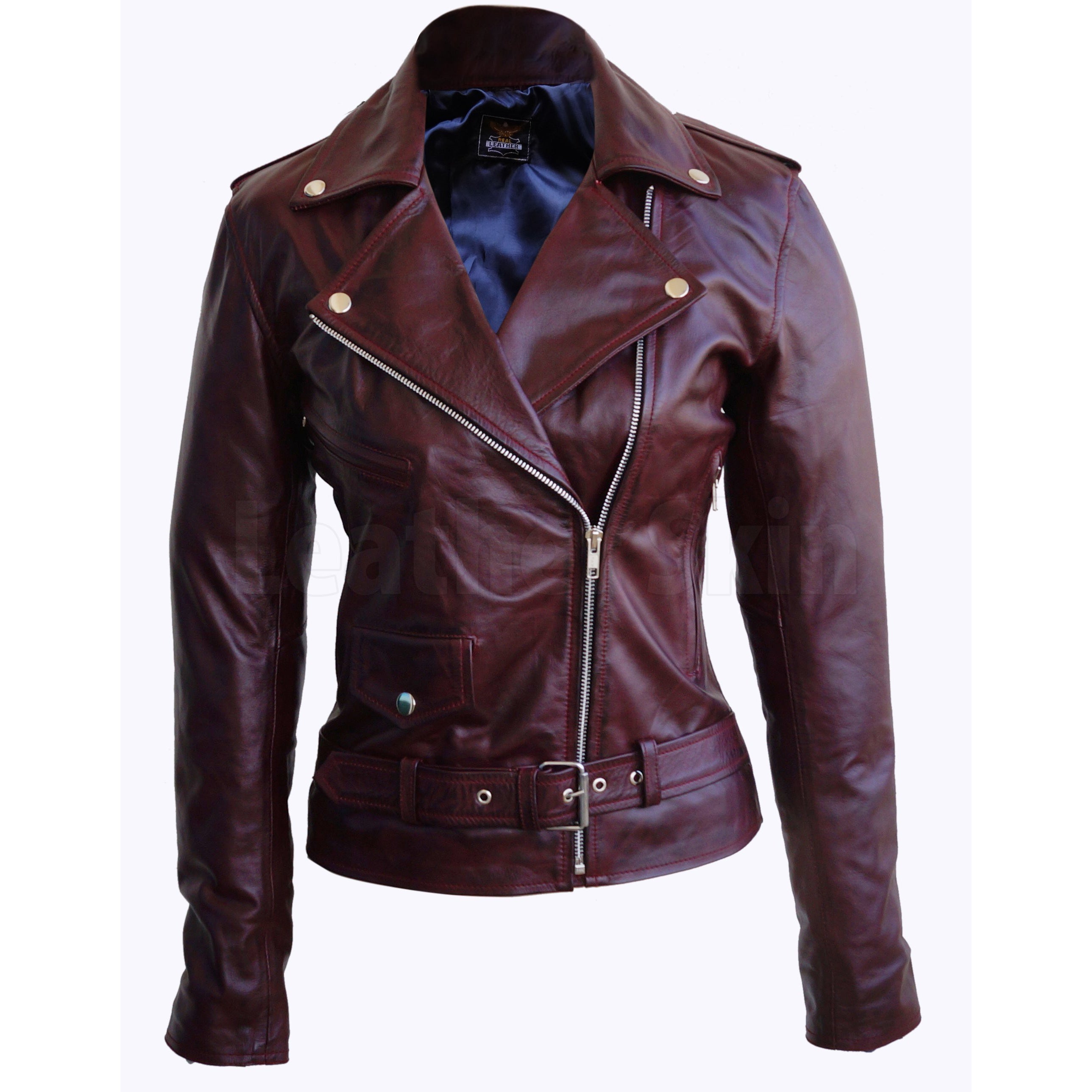 Distressed Red Brando Belted Sheep Leather Jacket with