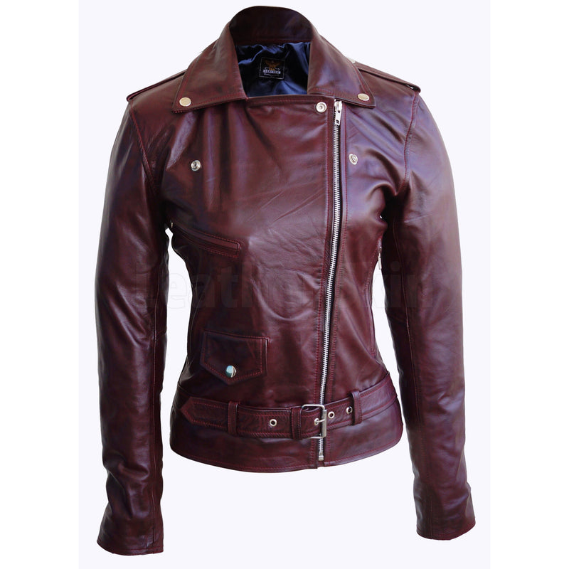 Home / Products / Women Distressed Red Brando Belted Sheep Leather ...