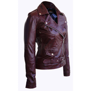 Women Distressed Red Brando Belted Sheep Leather Jacket with Epaulettes