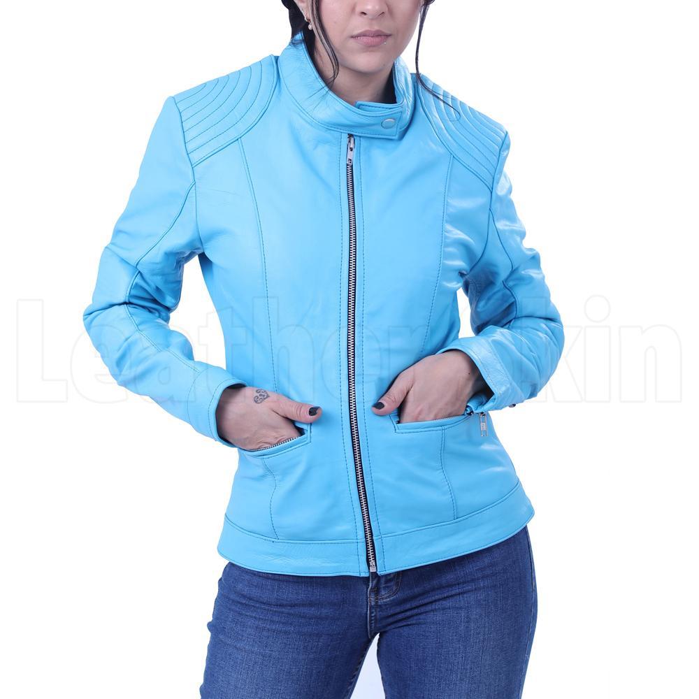 Women's Belted Biker Baby Blue Leather Jacket - HJacket