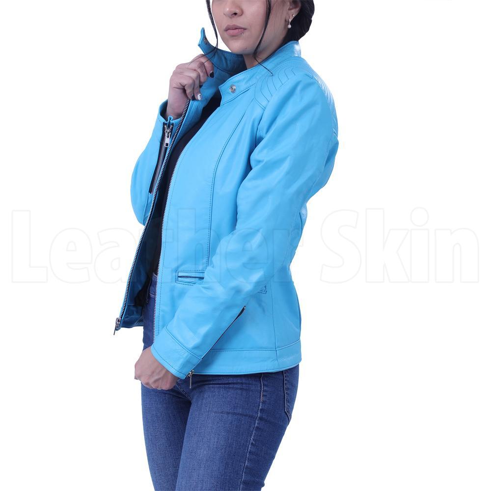 Women's Blue Leather Biker Jacket - Leather Skin Shop