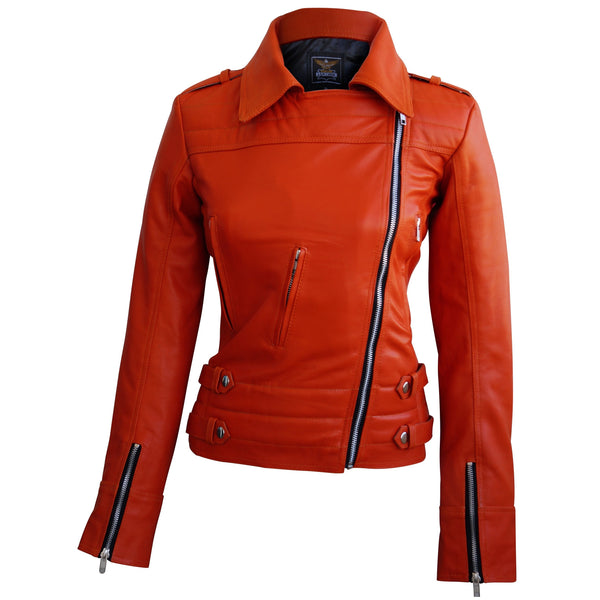Home / Products / Leather Skin Women Orange Brando Genuine Leather Jacket