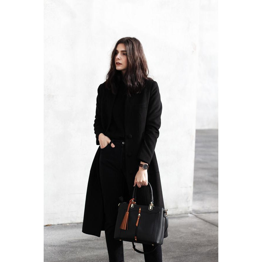 Women Lookbook Tote cross body Messenger Faux-Leather Bag with Tassels