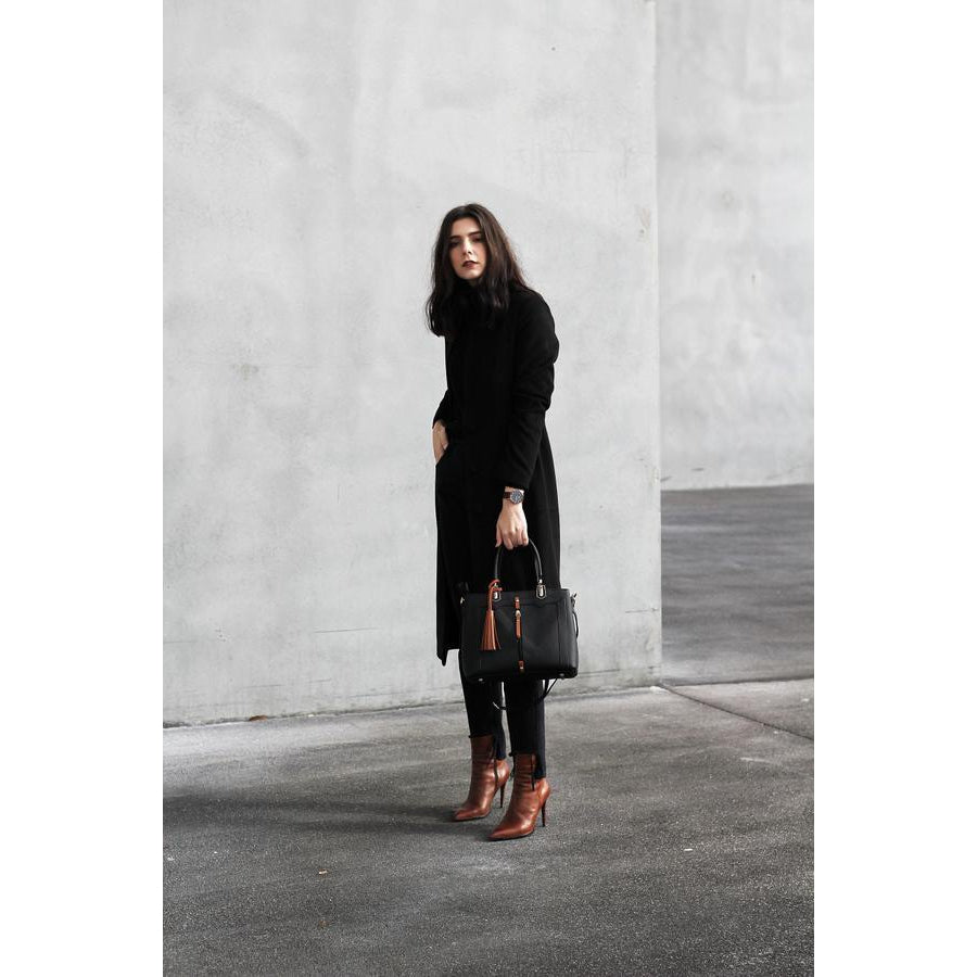 Women Lookbook Tote cross body Messenger Faux-Leather Bag with Tassels