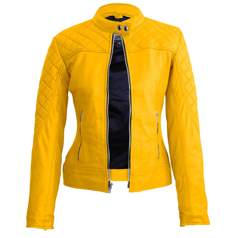 Home / Products / Leather Skin Women Yellow Quilted Genuine Leather Jacket