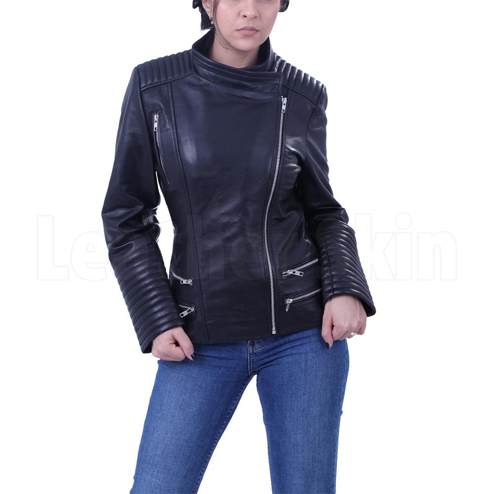 Stephanie Black Brando Leather Jacket