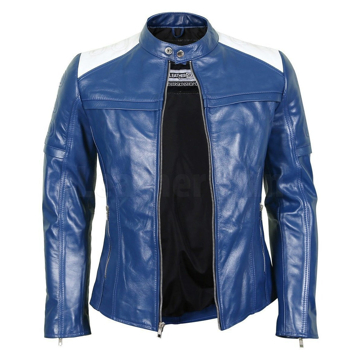 leathersguru Women's Custom Made Blauer Charlie Lady Blue & White Color 100% Pure Cowhide Leather Fashion Biker Jacket 5-Large