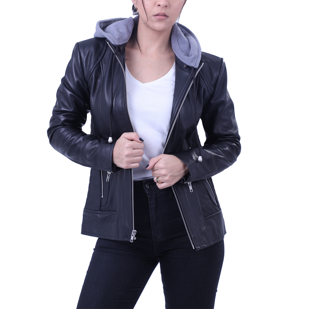 Tall Women Leather Jacket Black - Removable Hood