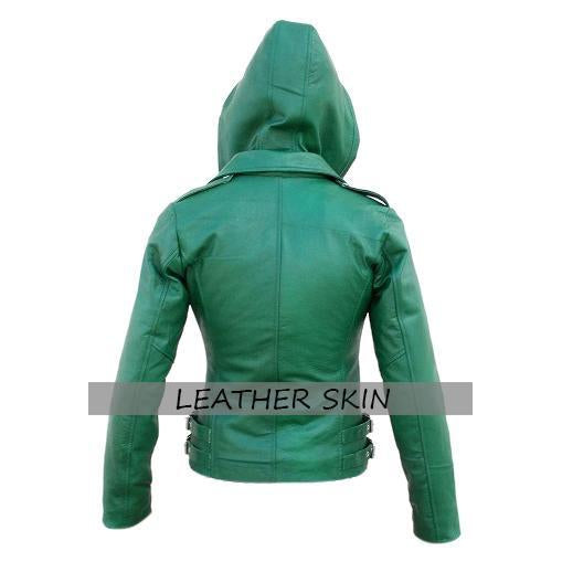 NWT Green Brando Hooded Hood Women Ladies Genuine Leather Jacket - All Sizes