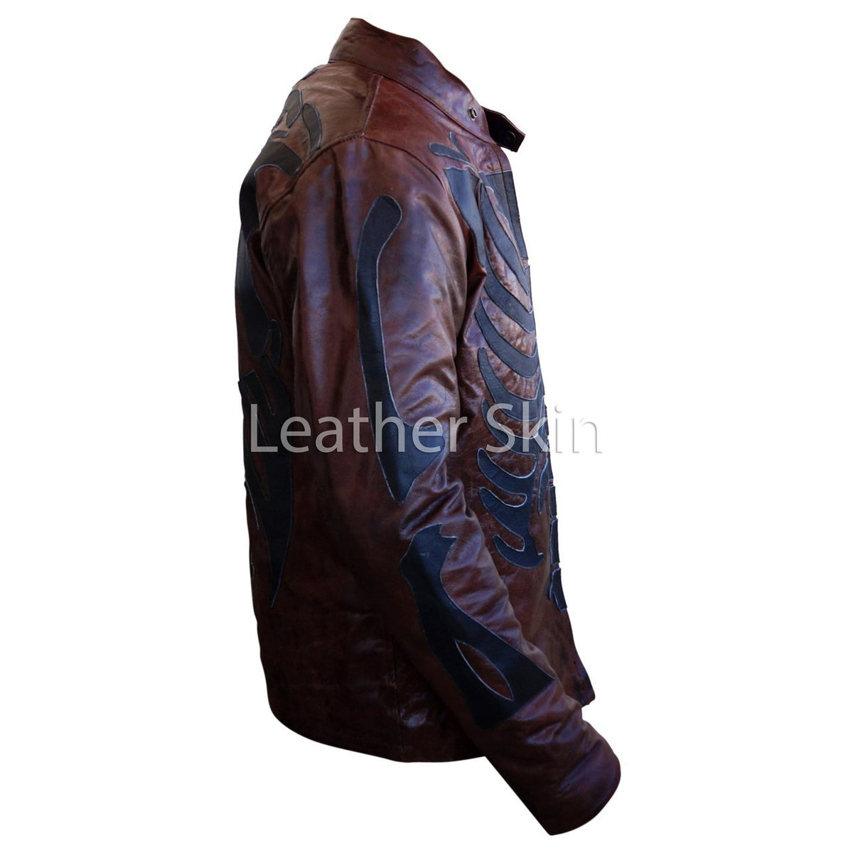 Men Two Tone Distressed Brown Black Skeleton Biker Motorcycle Leather Jacket