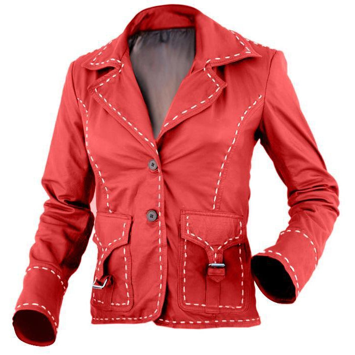 NWT Red Women Ladies with White Border Stylish Premium Genuine Leather Jacket