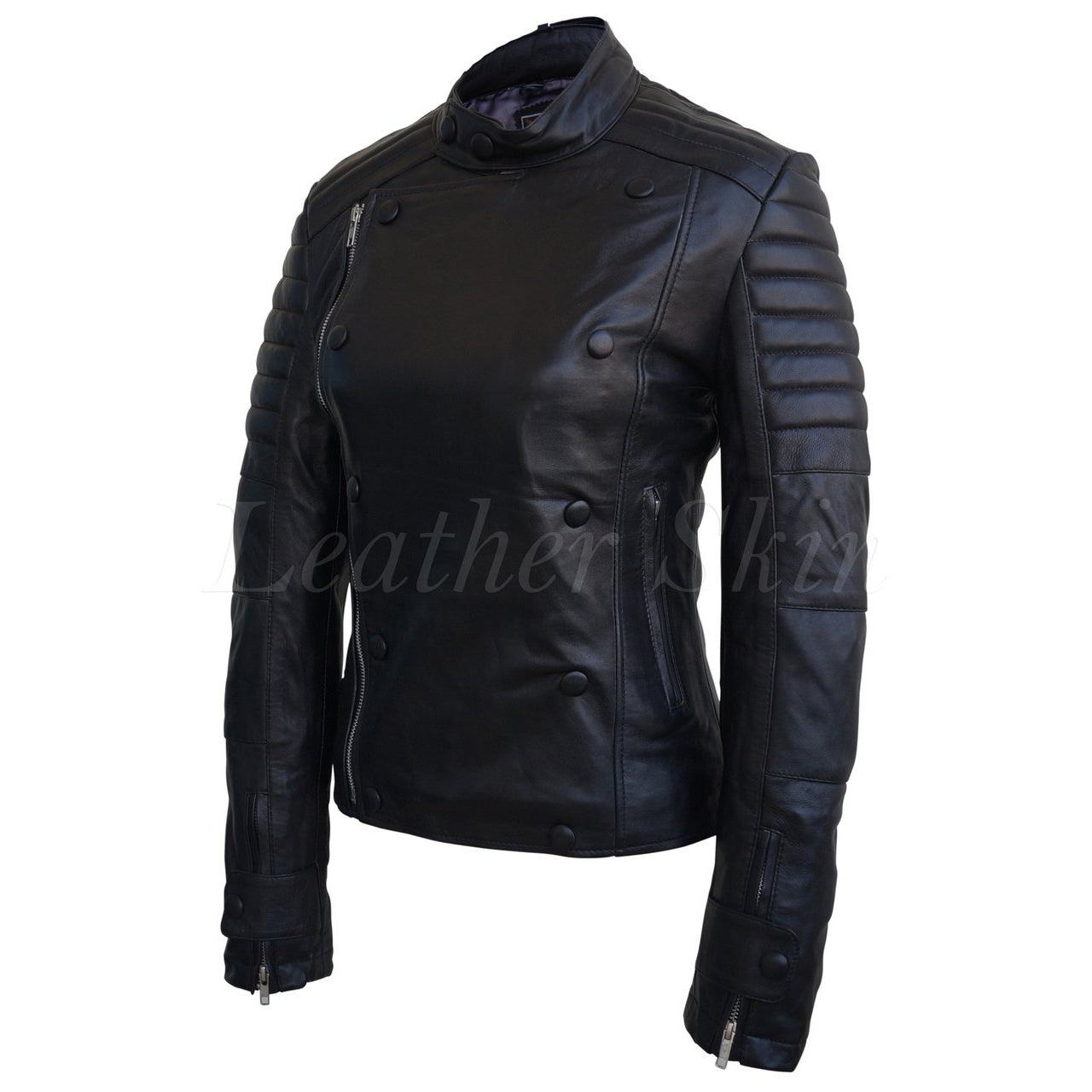 Leather Skin Women Black Military Sleeve Padded Brando Genuine Leather Jacket