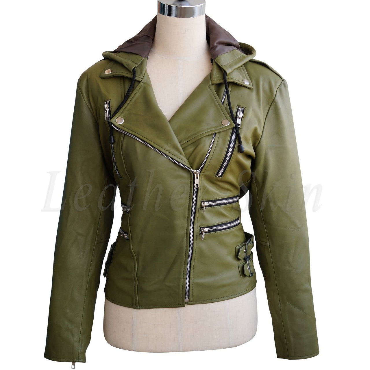 Olive Green Brando Genuine Leather Jacket with Detachable Hood