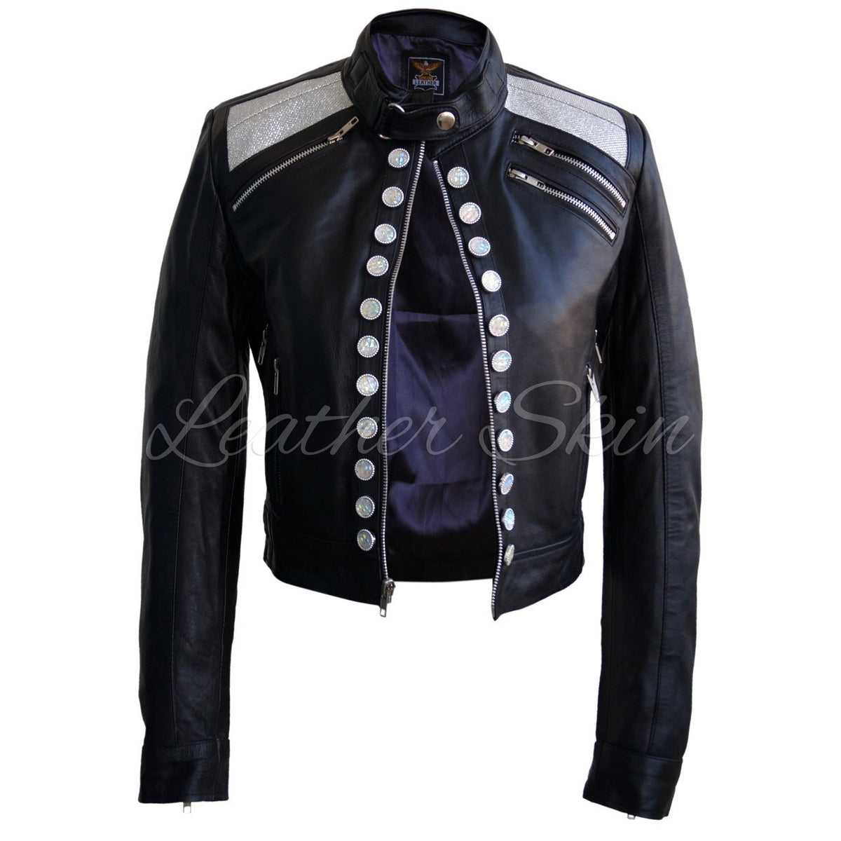 【Anyone more】Dishu button leather jacket Leather Skin Women Black Genuine Leather Jacket with Diamond