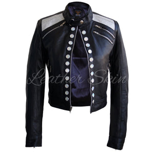 Leather Skin Women Black Leather Jacket with Diamond White Buttons