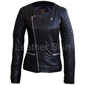 Leather Skin Women Black Brando Quilted Padded Genuine Leather Jacket