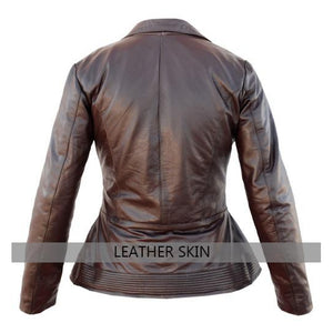 Leather Skin Brown Women Ladies with Open Chest Genuine Leather Jacket