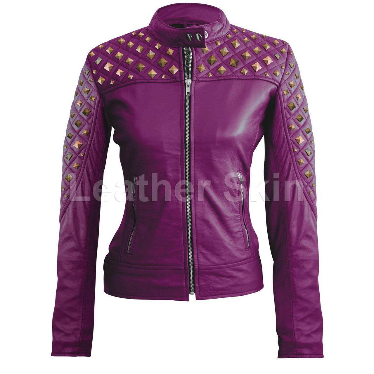 Leather Skin Women Purple Shoulder Quilted Rust Gold Stud Genuine Leather Jacket