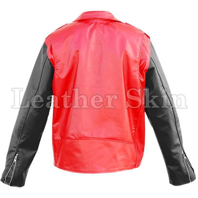 Leather Skin Red Brando Genuine Leather Jacket with Black Sleeves